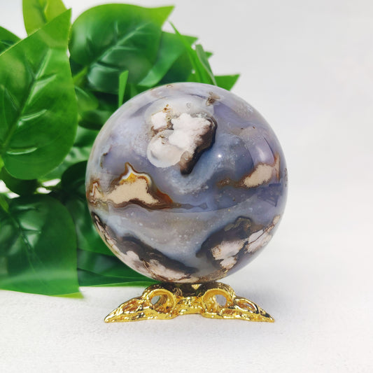 Black Flower Agate Sphere with Raven Holder