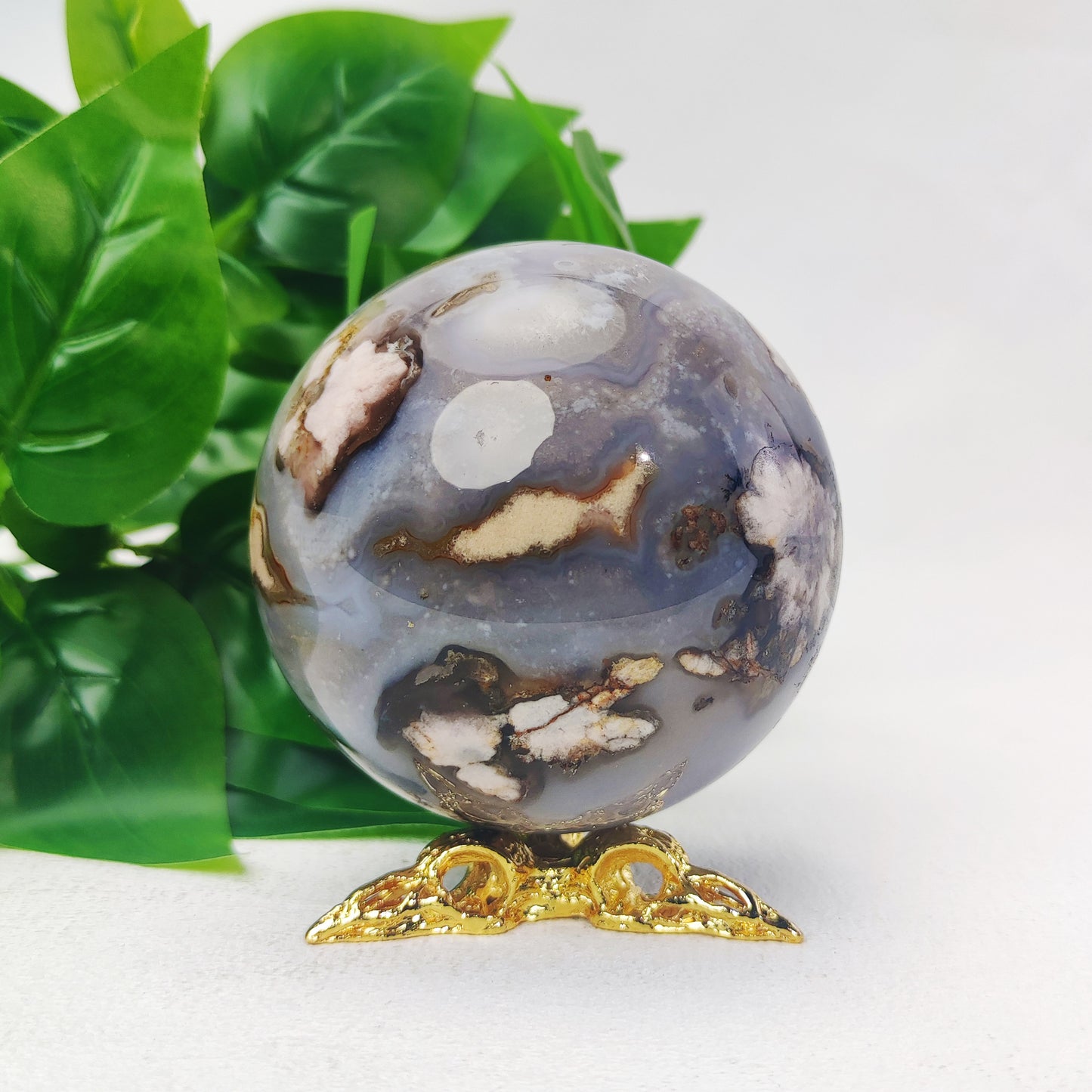 Black Flower Agate Sphere with Raven Holder