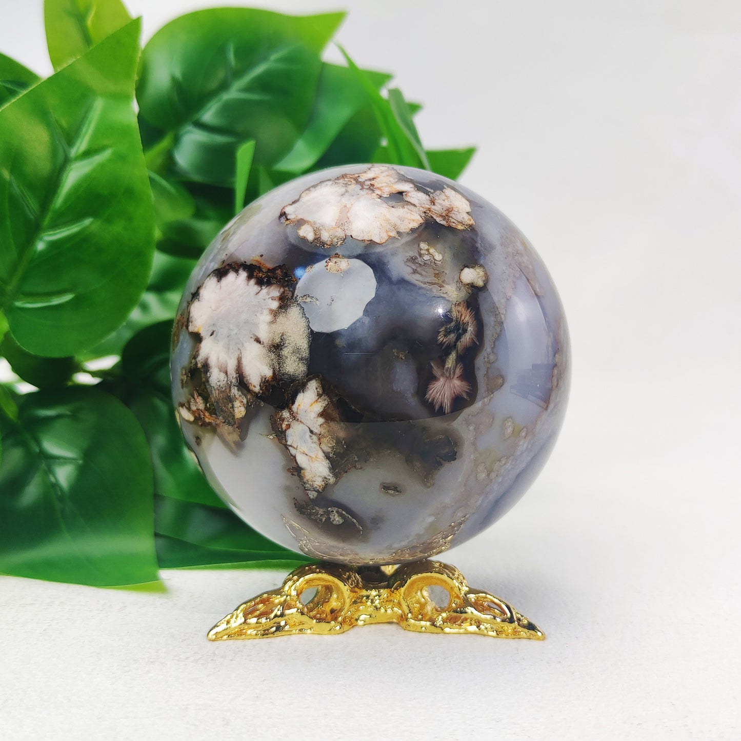 Black Flower Agate Sphere with Raven Holder