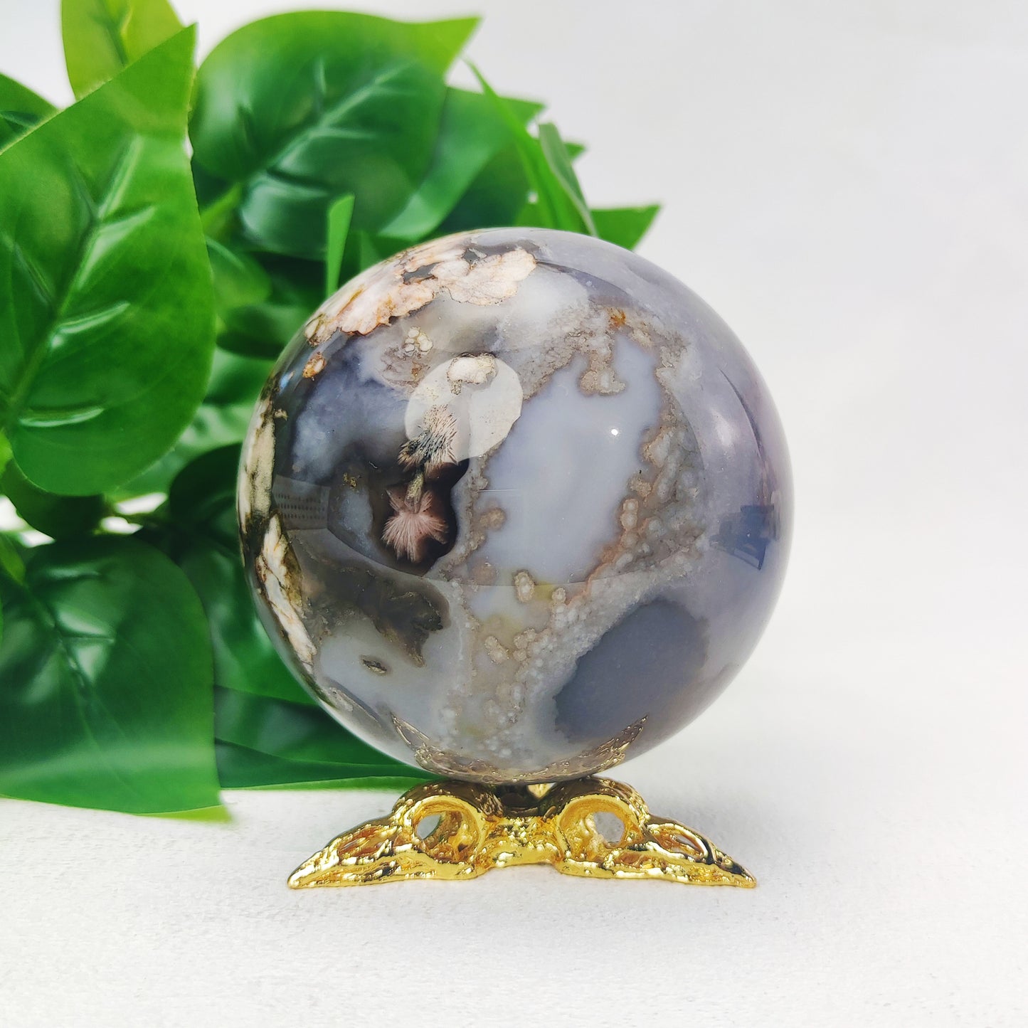 Black Flower Agate Sphere with Raven Holder