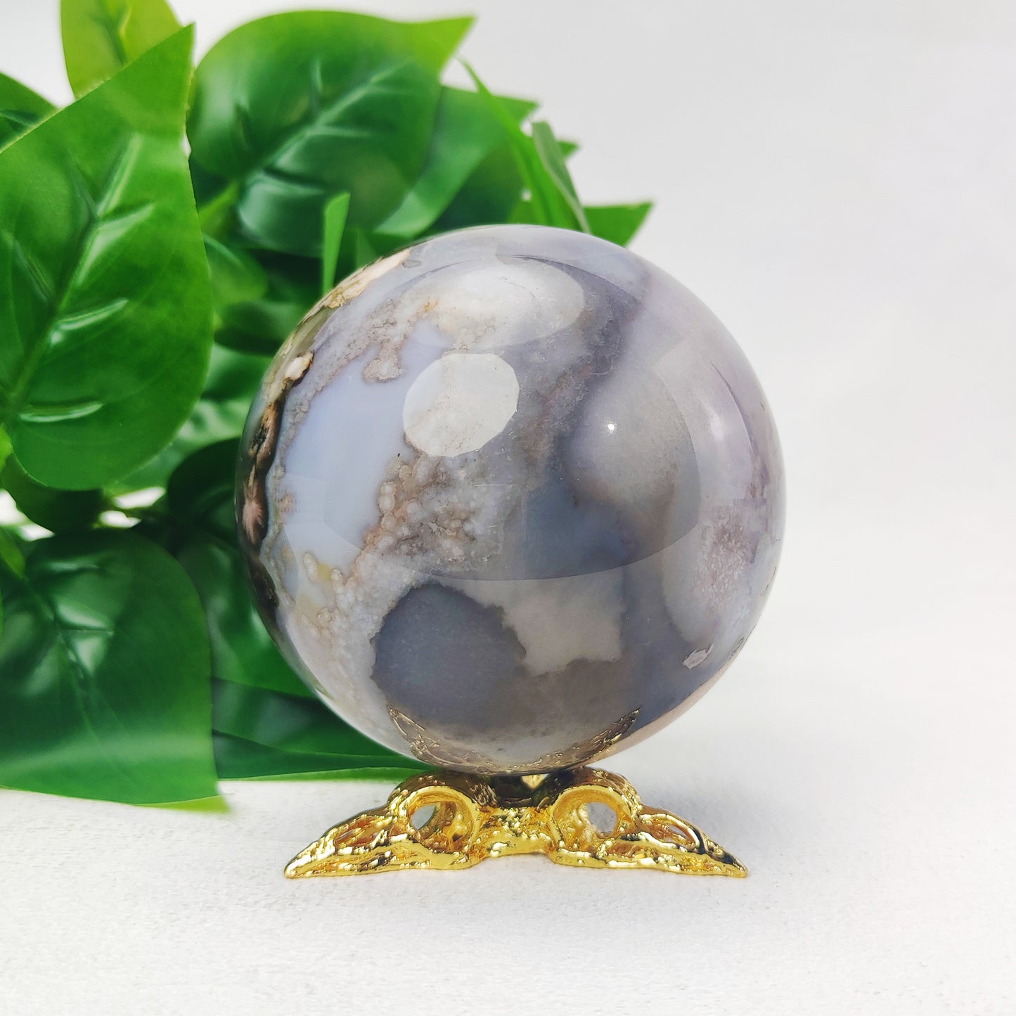 Black Flower Agate Sphere with Raven Holder