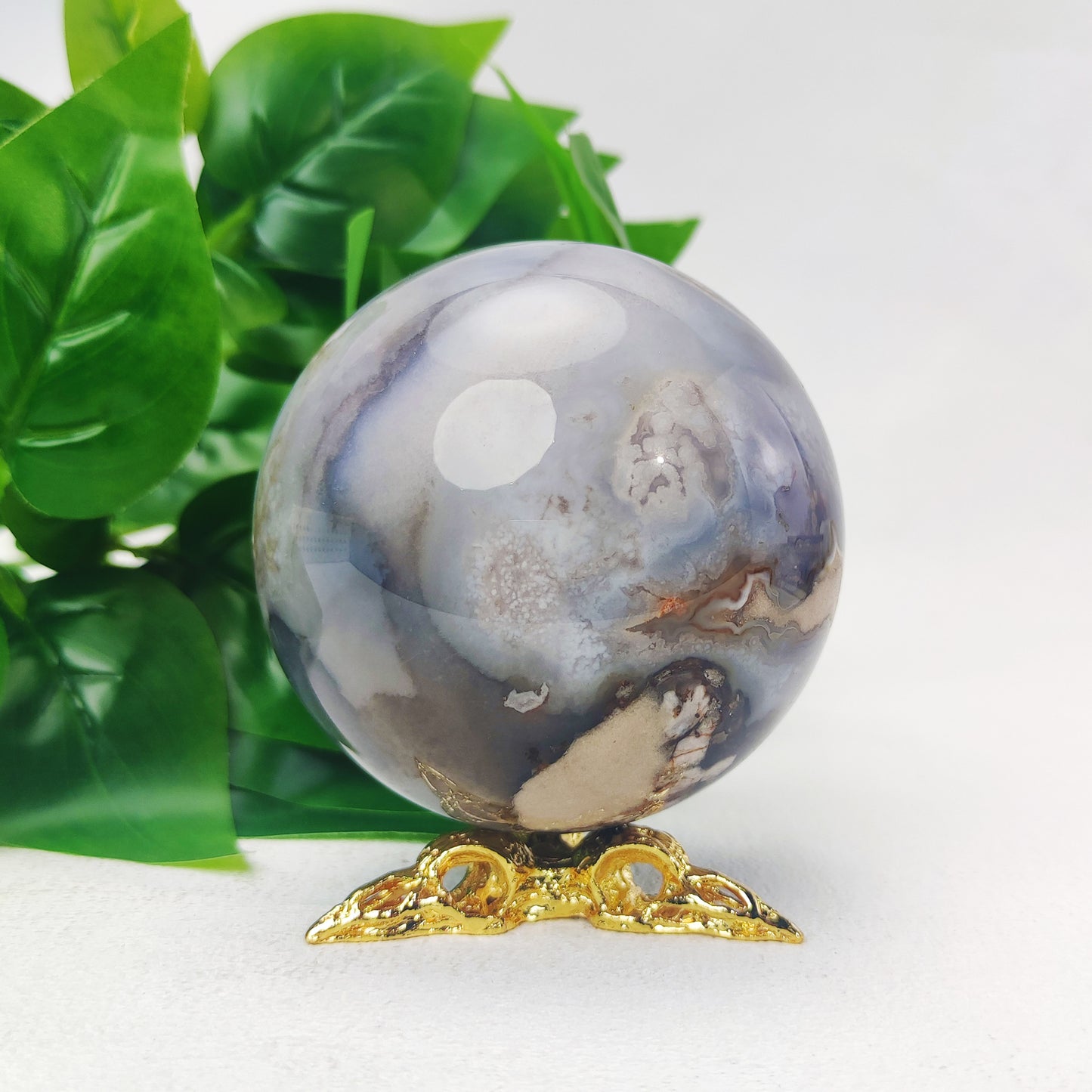 Black Flower Agate Sphere with Raven Holder