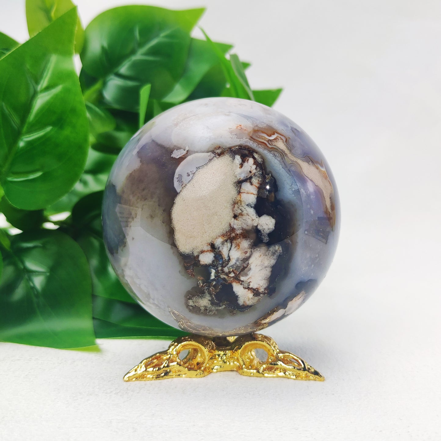 Black Flower Agate Sphere with Raven Holder