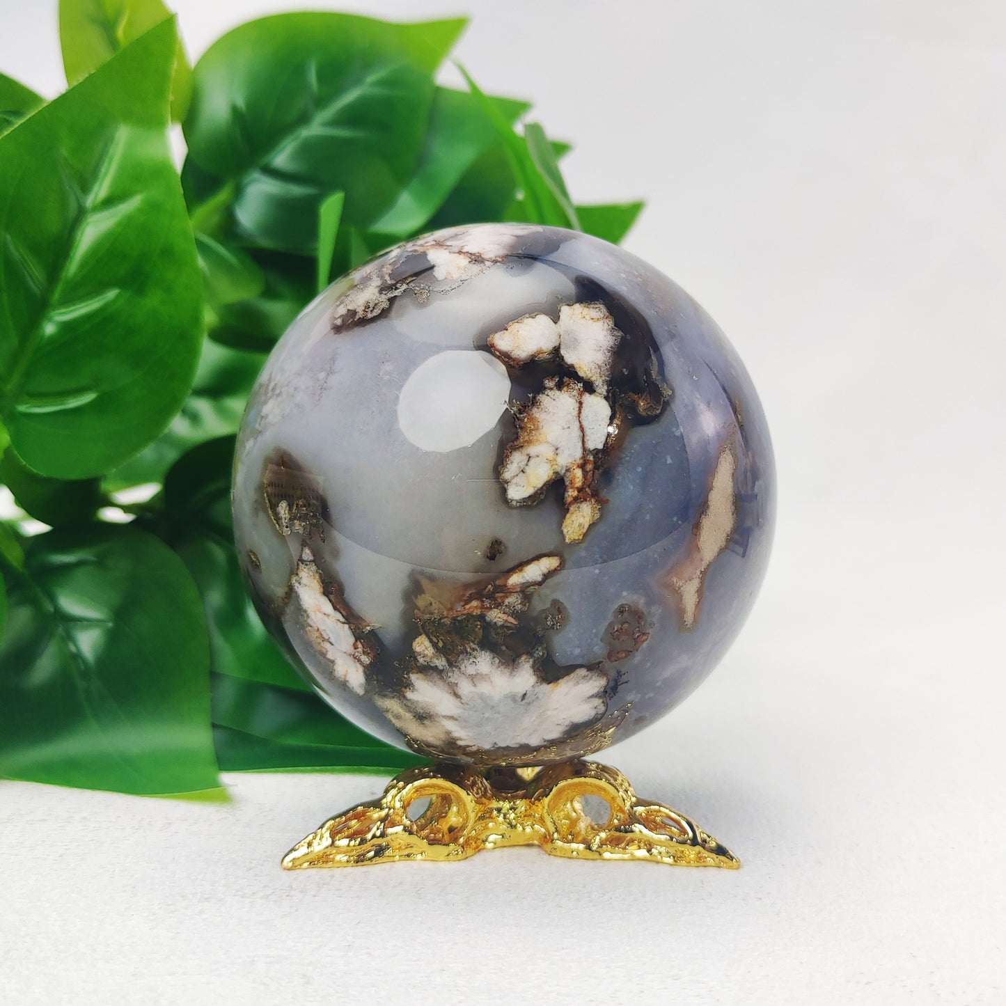 Black Flower Agate Sphere with Raven Holder