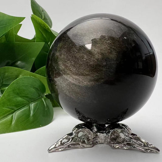 Golden Sheen Obsidian Sphere with Raven Holder